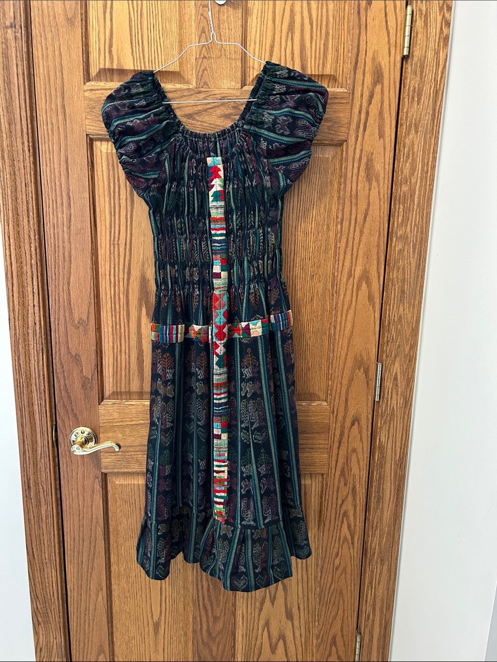 artisan-made Mayan woven tiered short-sleeve dress with smocked bodice